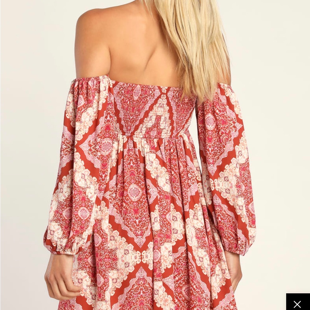 Lulus Carefree Babe Rusty RoseBoho Print Off Shoulder Mini Dress - Picture 5 of 8